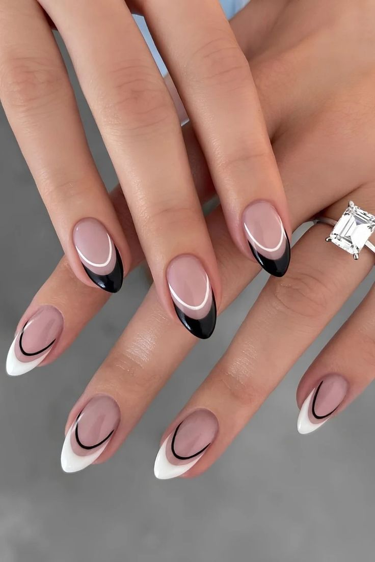 Geometric lines black and white nails design