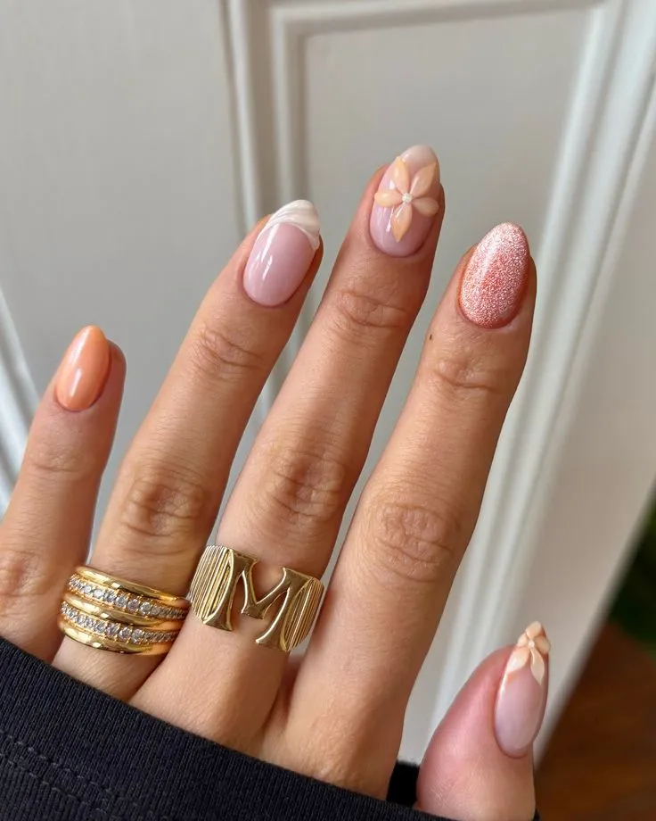 Peach sorbet nails with 3D flowers Summer Nails