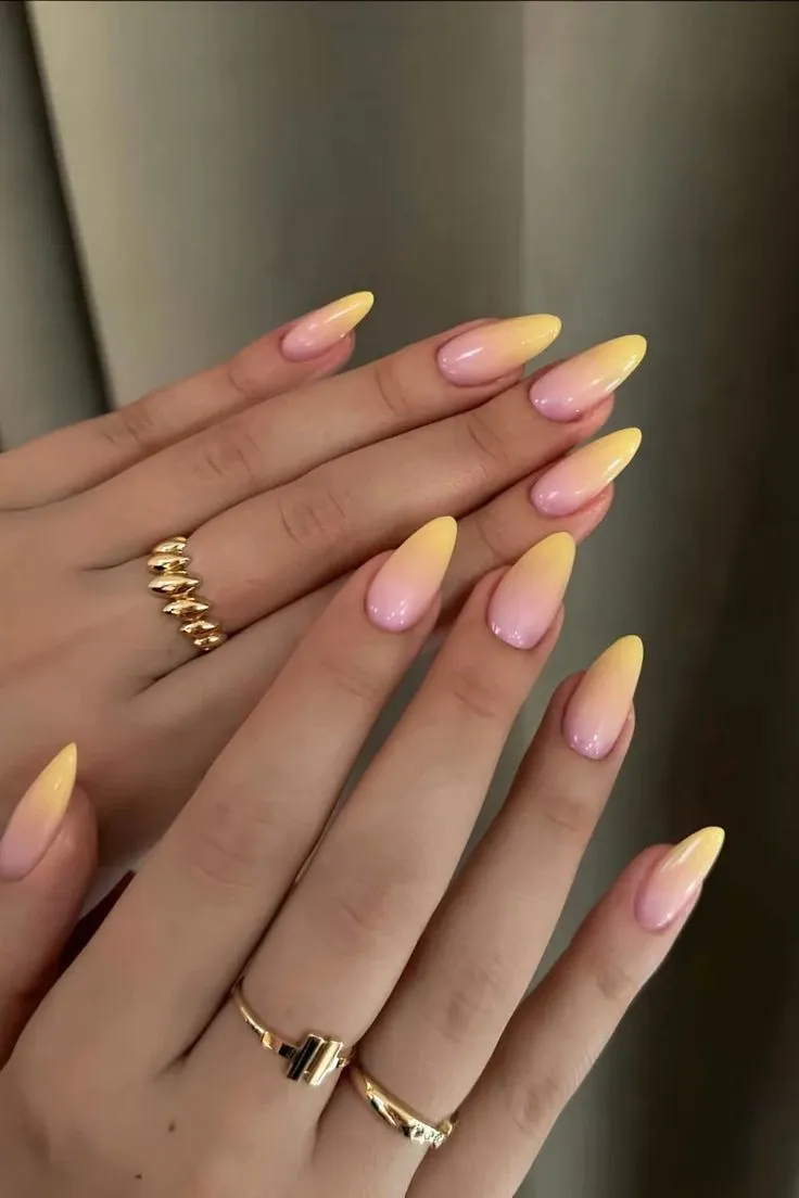 yellow and pink ombre almond summer nails