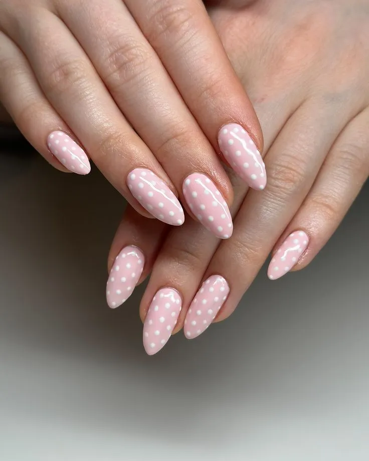 Summer pink pastel polka dot nails