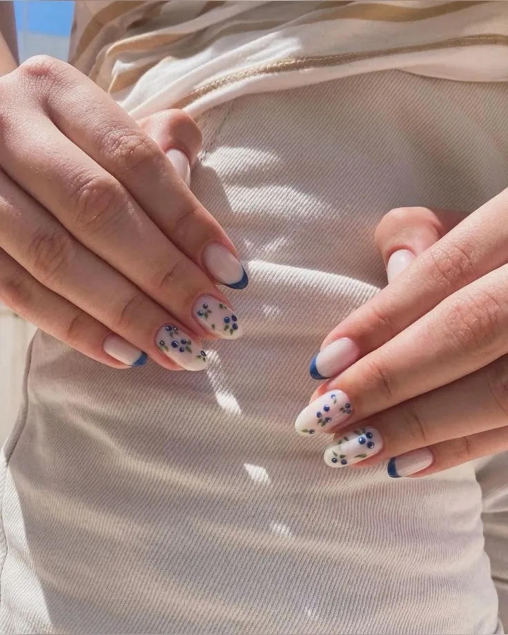 Navy French nails with blueberry accents