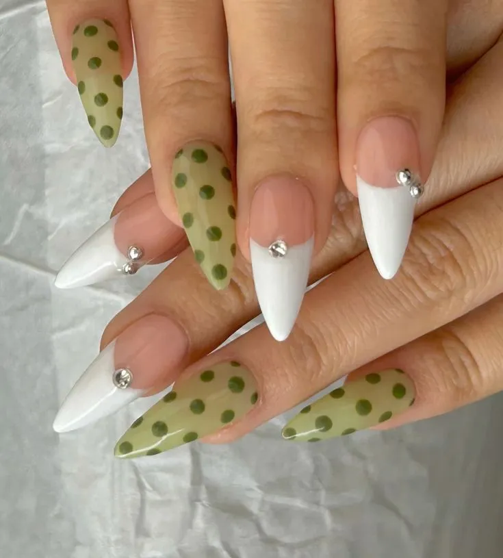 Matte Green Polka Dot Nails with a French manicure