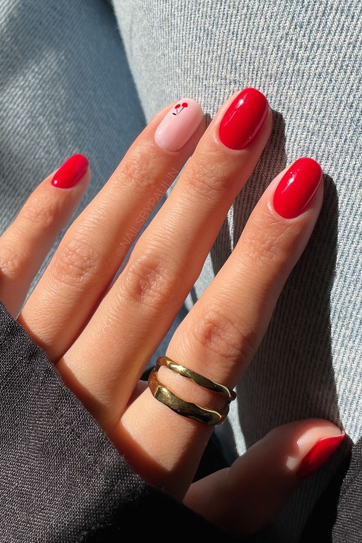 Cherry accent with red short square nails