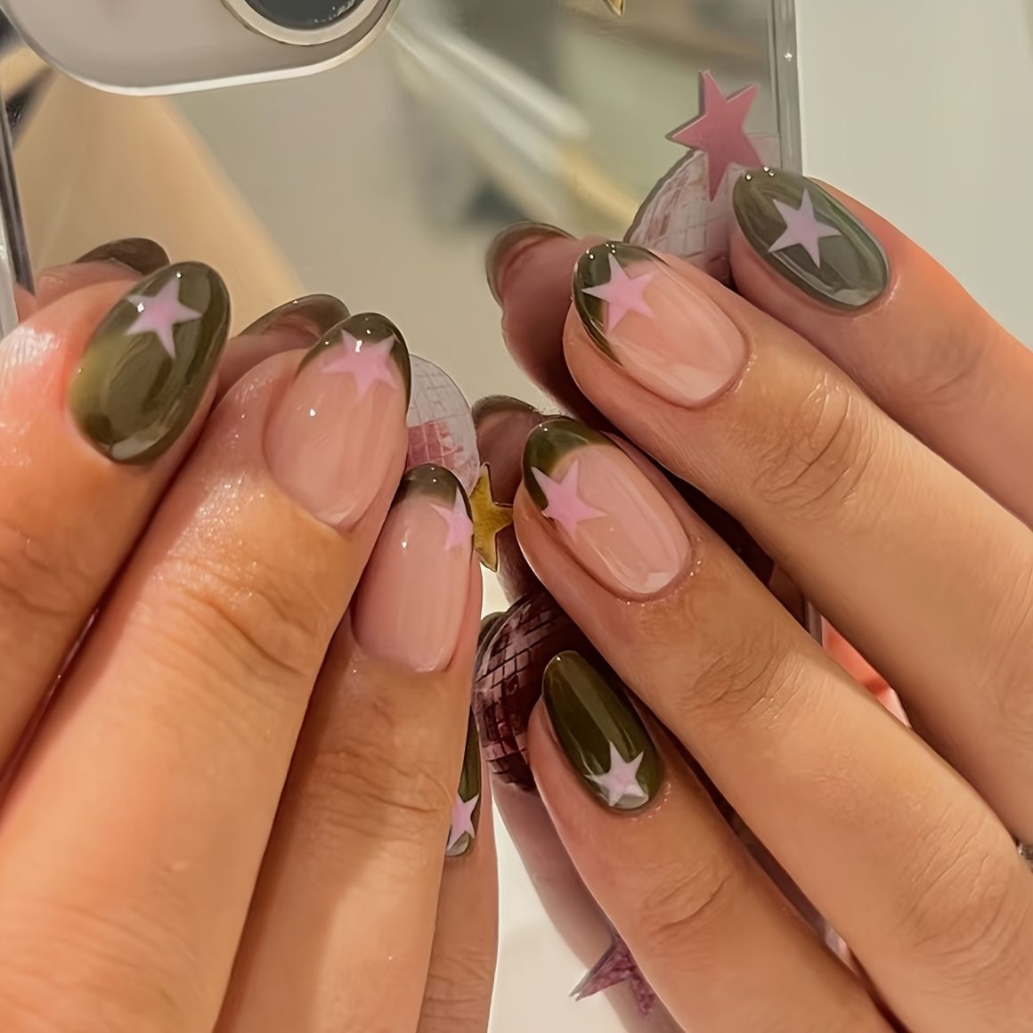 Sage Green French Tip Nails with pink stars