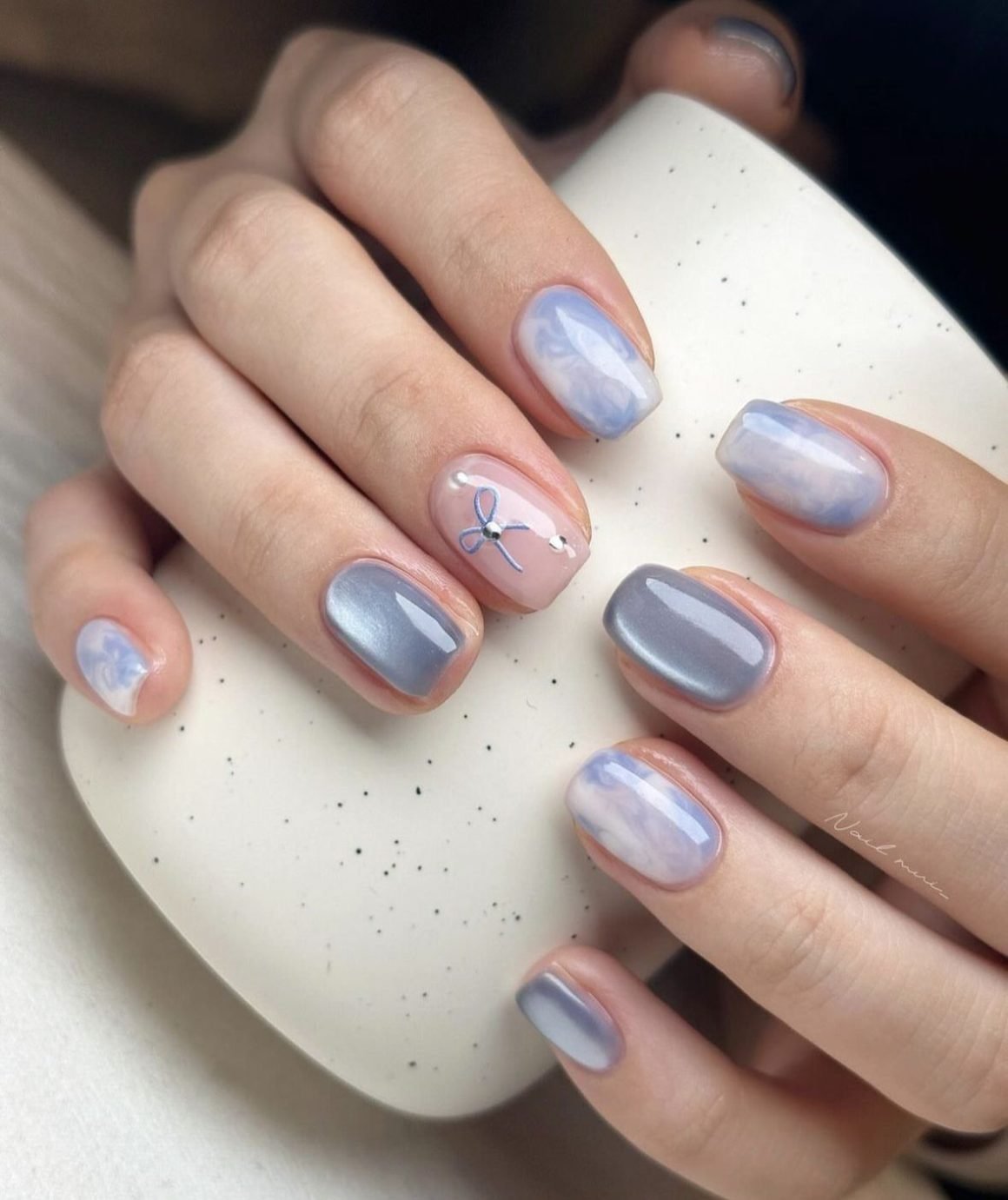 Blue Smoke and Bow Decal Short Nail Designs