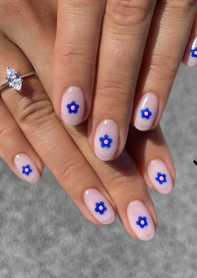 Blue mini flower on naked basic nails