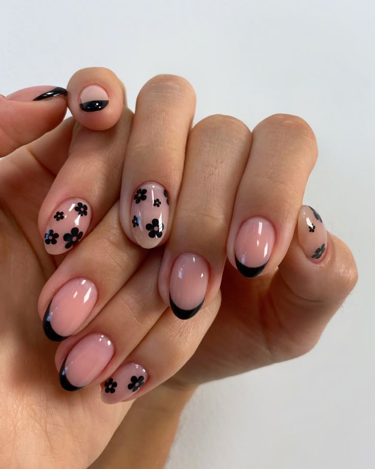 Black French nails with black flowers