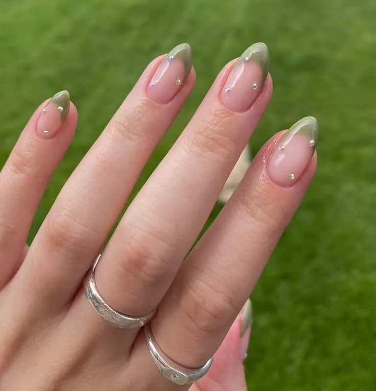 SAGE GREEN FRENCH TIP HIMLS with pearls