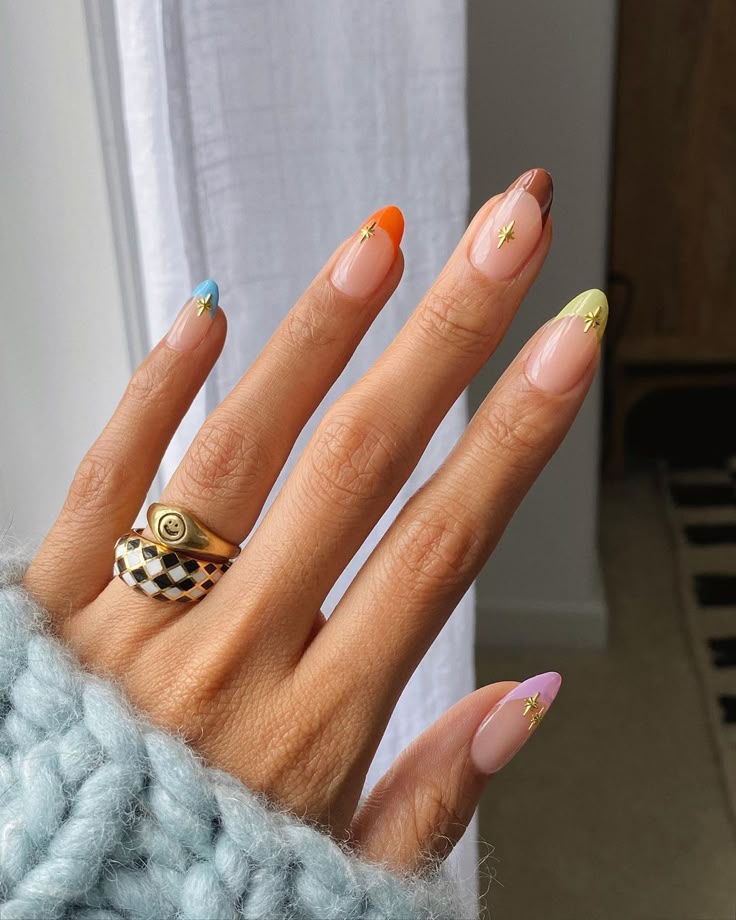 multicolored French nails with stars