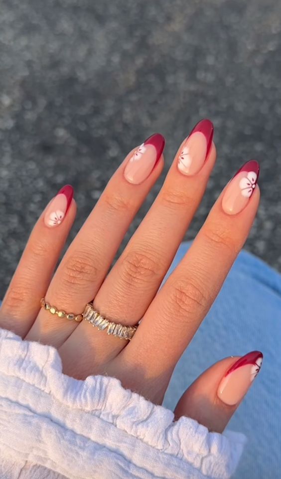 Cherry red floral nails