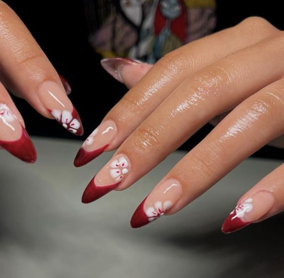Cherry red floral nails
