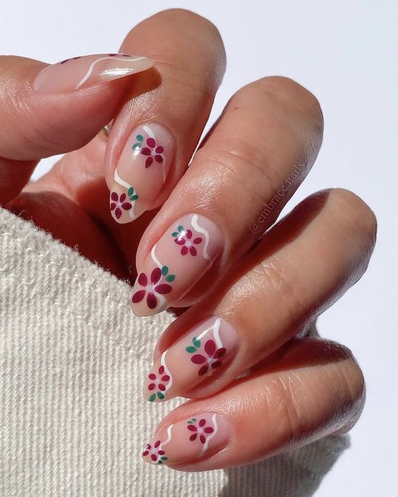 Cherry red floral nails