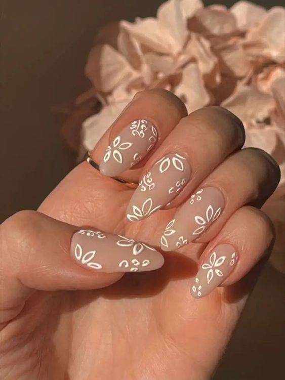 Artistic design of white floral nails in spring