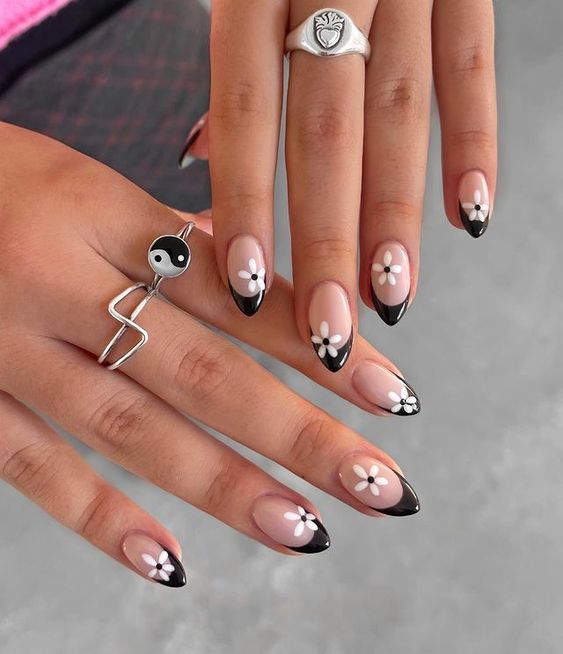 Black Floral Nail Art Design