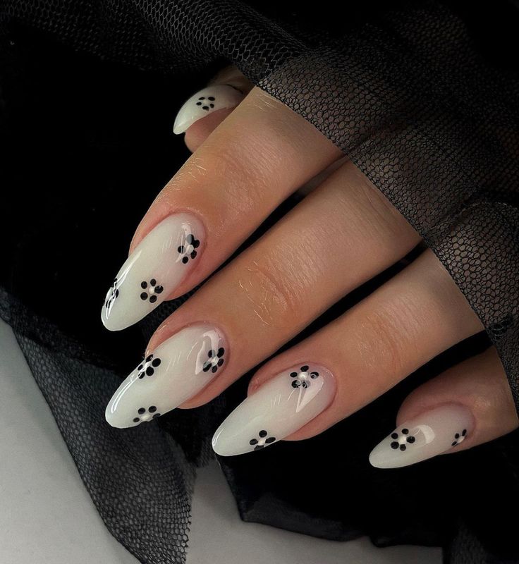 Black Floral Nail Art Design Daisy