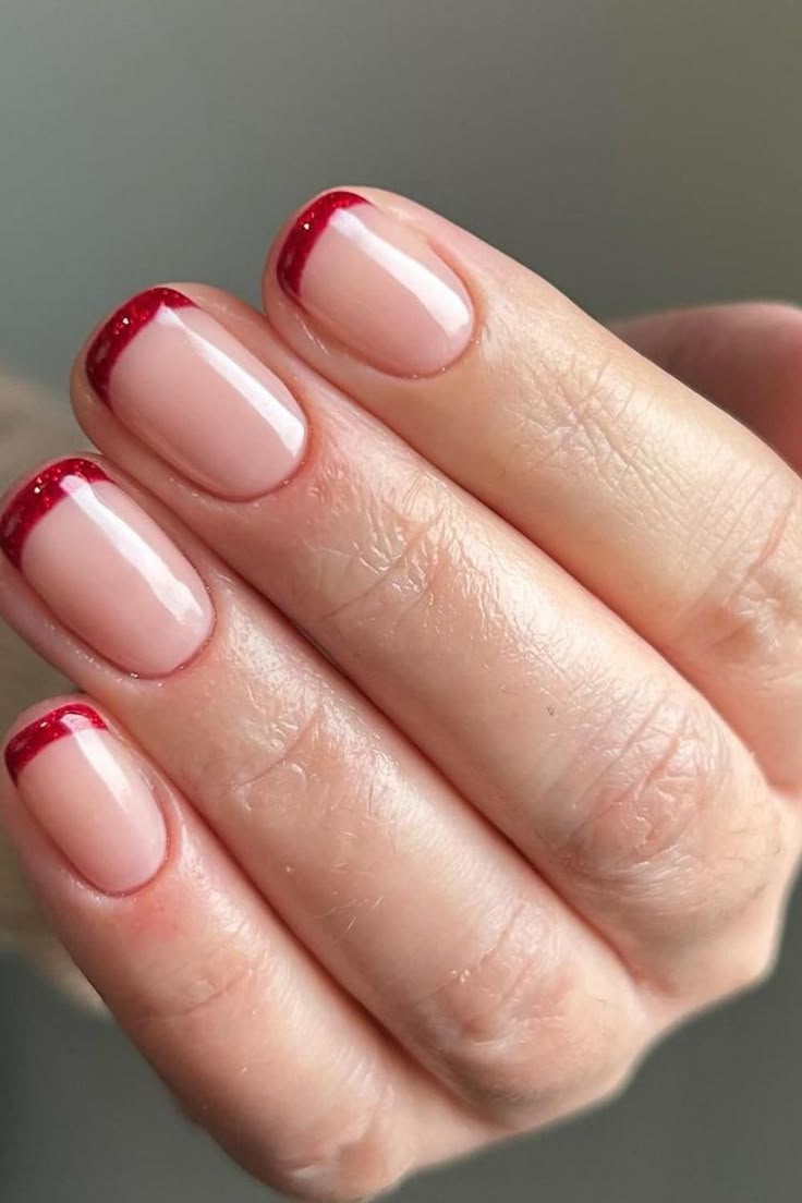 Red glitter French top square nails 4. July nails
