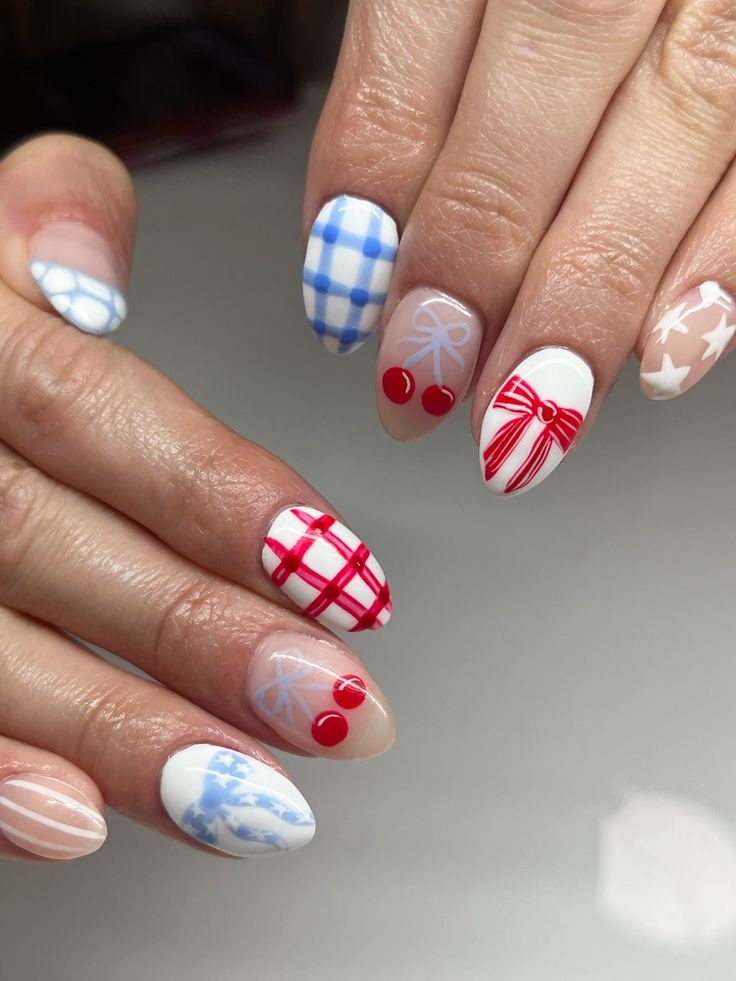Gingham & cherries picnic set 4. July nails