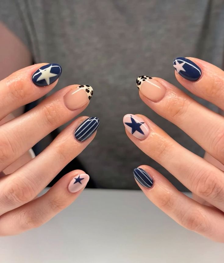Navy nail nails with patterns on almond nails