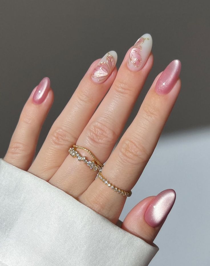 Butterfly Pink Cat Eye Nails Design Almond Shape