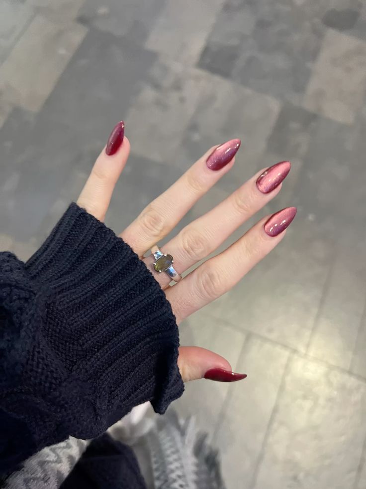 Mauve Pink Cat Eye Almond Nails