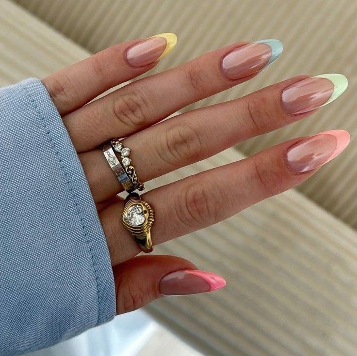 Rainbow French tip cone nails with chrome finish