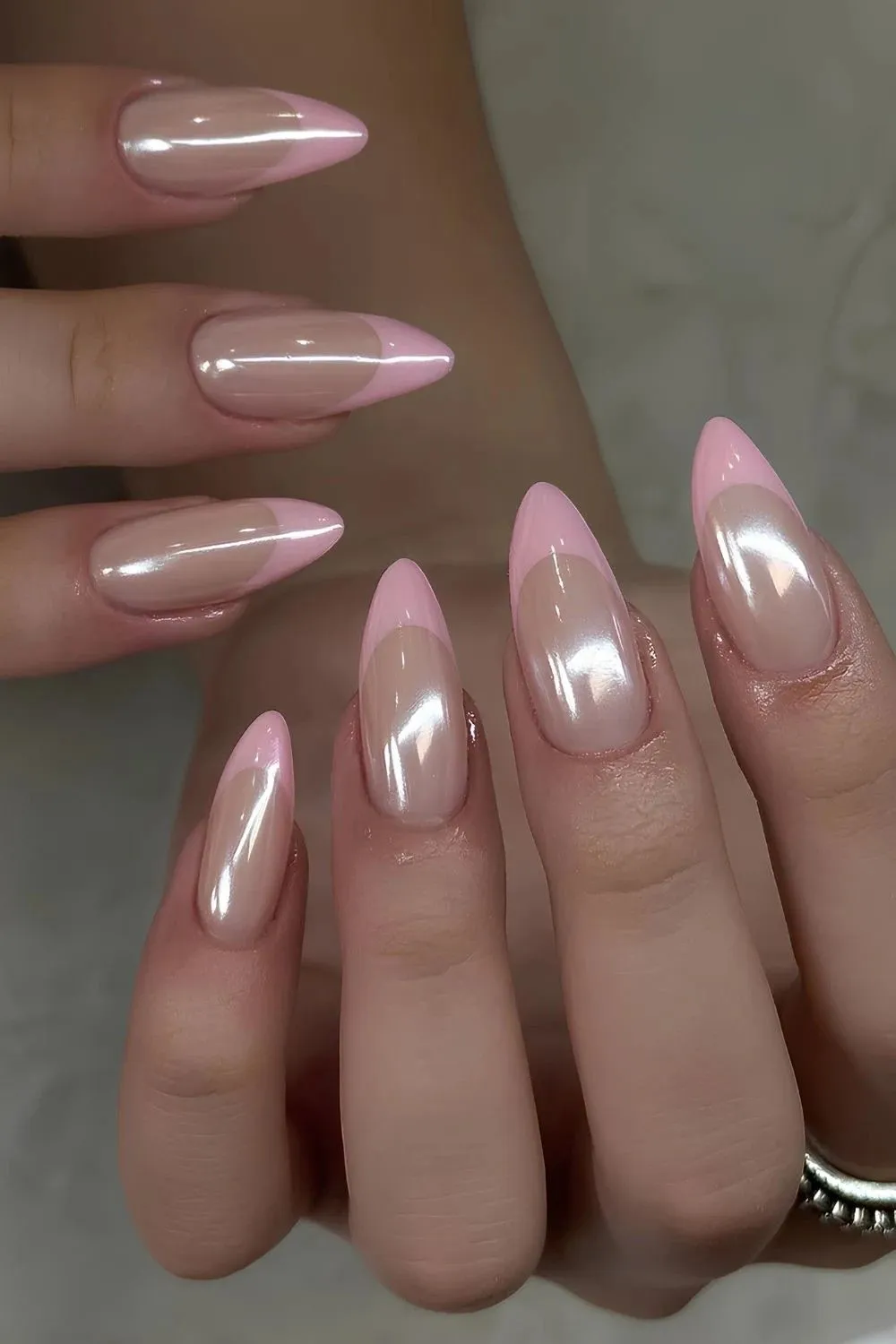 Pink chrome french nails with chrome finish 1
