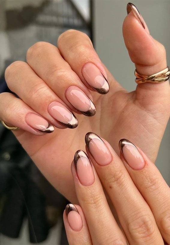 molten bronze french tip nails over clear base