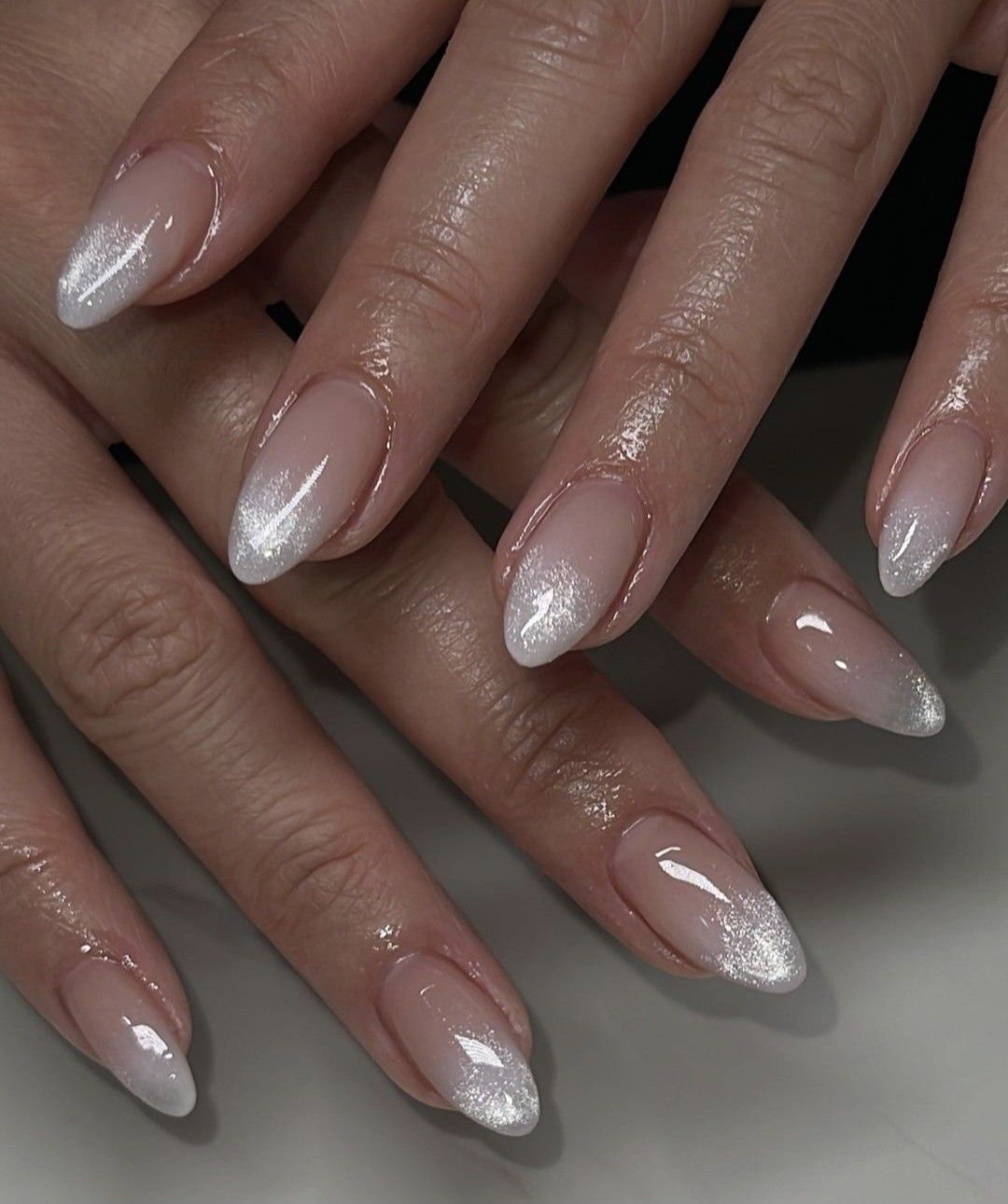 Ombre Chrome White French Tip Nails On Almond Nails