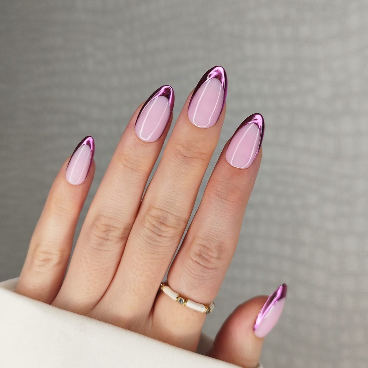 purple chrome french nails metallic with a milky base