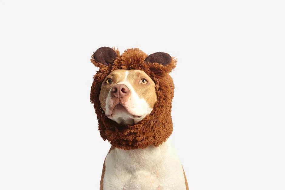 Discover the charm of adorable animal pictures with this cute pitbull sporting a hilarious bear headwear. Let laughter and joy fill your day with these funny animal images.