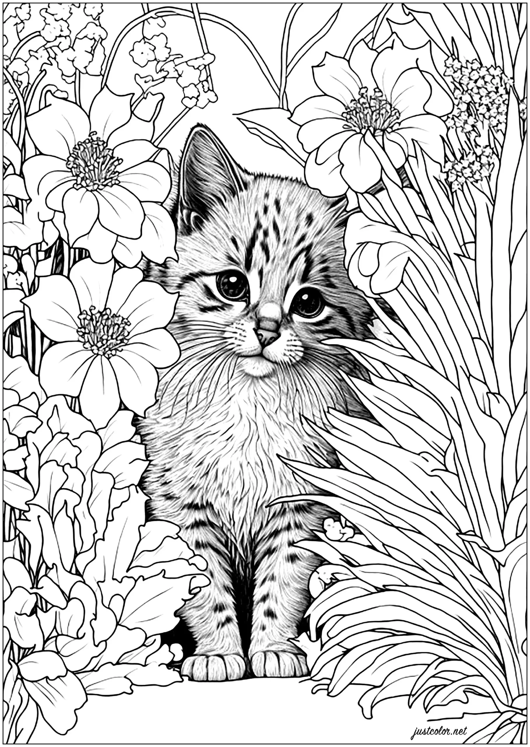 Explore the beauty of nature with our adorable cat and flowers coloring pages. Let your creativity bloom as you bring this pretty feline to life with your favorite colors. Download our Cat Coloring Pages collection for a purr-fect coloring experience!