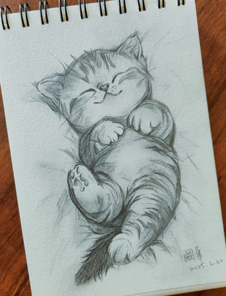 Capture the charm of a baby cat in this realistic drawing. Admire the peaceful pose of a cat sleeping on its back, beautifully depicted in this artwork. Let the innocence and beauty of feline grace inspire your day.