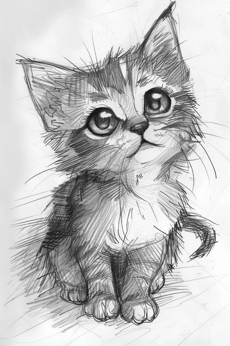 Admire the exquisite artistry in this realistic baby cat drawing. Capturing the innocence of a kitten sitting down, this pencil sketch is a purr-fect blend of talent and charm.
