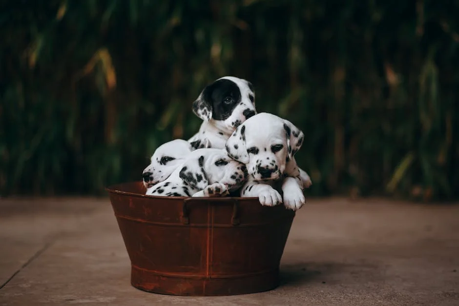 Adorable baby Dalmatian puppies enjoying a cozy moment in a charming rustic tub. A heartwarming scene for all animal lovers to cherish.