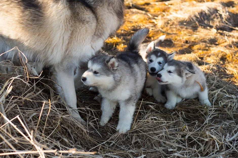 Enjoy the heartwarming sight of three adorable Alaskan Malamute puppies frolicking in the dry grass alongside their parent. Witness the playful spirit and charm of these baby dogs as they explore their surroundings with joy.